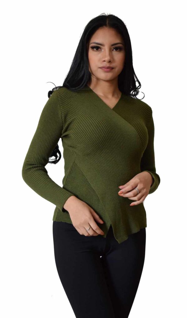 Blusa Cruzada Ajustada de Color Sólido con Mangas Largas